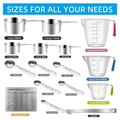 Godance 16-Piece Measuring Cups and Spoons Set, Nesting Stainless Steel Measuring Cups Spoons with 3 Plastic Measurin... - Image 2
